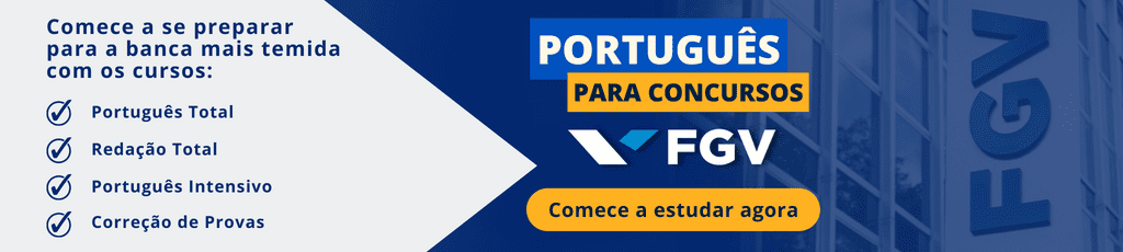 Logomarca e lista de características de curso online de português para a banca FGV