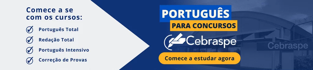 Logomarca e lista de características de curso online de português para a banca Cebraspe