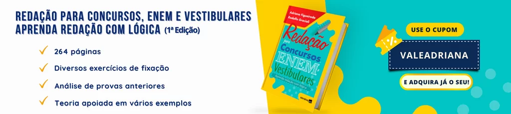Capa e lista de características de livro de redação para concursos