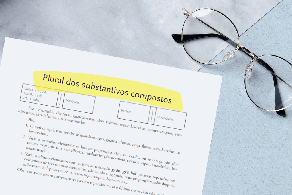 Posicionada ao lado de óculos de grau, uma página de apostila sobre o plural dos substantivos compostos exercícios