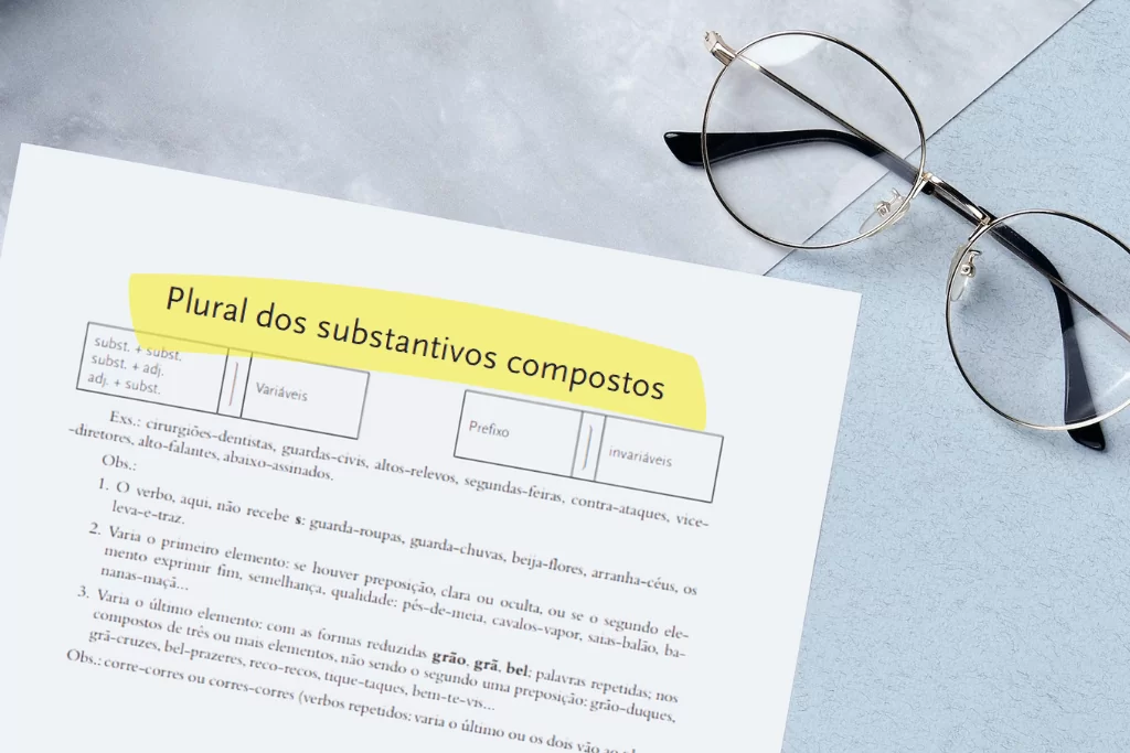 Posicionada ao lado de óculos de grau, uma página de apostila sobre o plural dos substantivos compostos exercícios