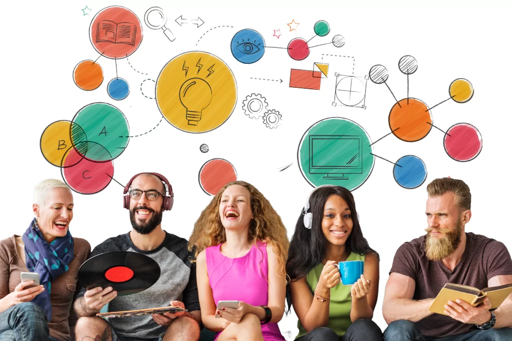 Diferentes concurseiros sentados lado a lado à frente de parede com gráficos que ilustram questões sobre intertextualidade
