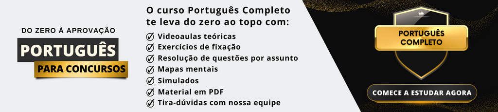 Logotipo e lista de características de um curso online de português que aborda o tema da conjução integrante.
